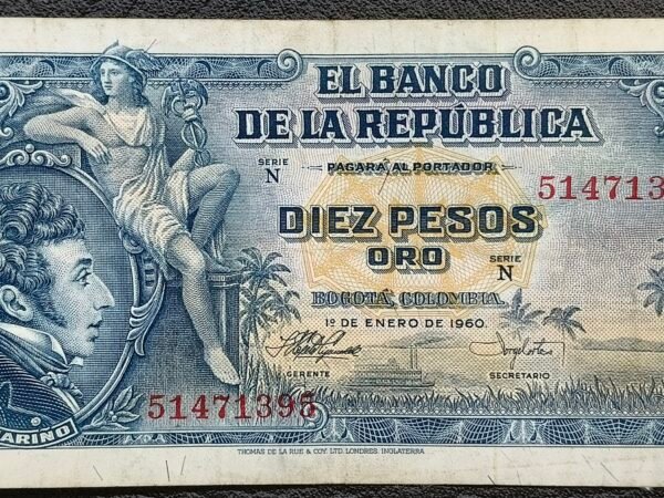 Oplus_16908288 Billete de 10 Pesos Oro – 1 de Enero de 1960 | Antonio Nariño | Thomas De La Rue