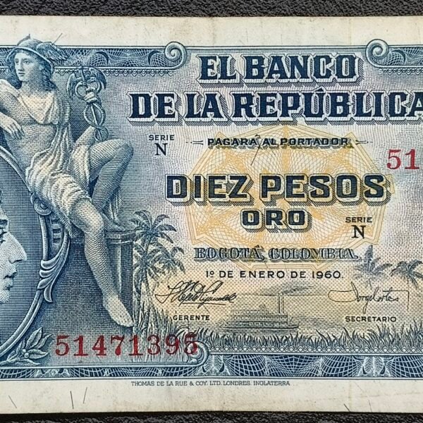 Billete de 10 Pesos Oro – 1 de Enero de 1960 | Antonio Nariño | Thomas De La Rue