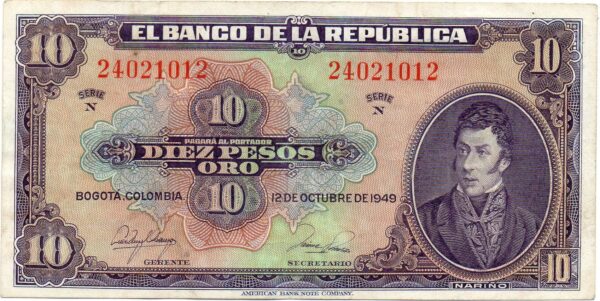 Billete 10 pesos anverso Billete 10 Pesos Oro Banco de la República 1949