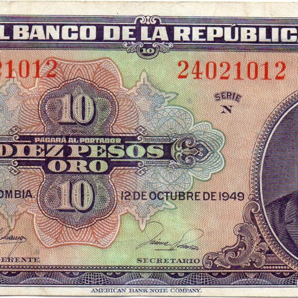 Billete 10 pesos anverso Billete 10 Pesos Oro Banco de la República 1949