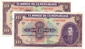 Inicio 12 Pareja Consecutiva 10 Pesos Oro Banco de la República 1963