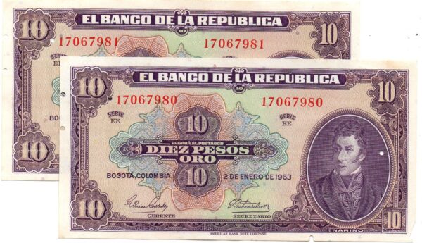 Pareja Consecutiva 10 Pesos Oro Banco de la República 1963