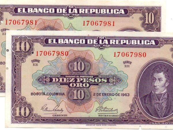 Billete 10 pesos consecutivos anverso Pareja Consecutiva 10 Pesos Oro Banco de la República 1963