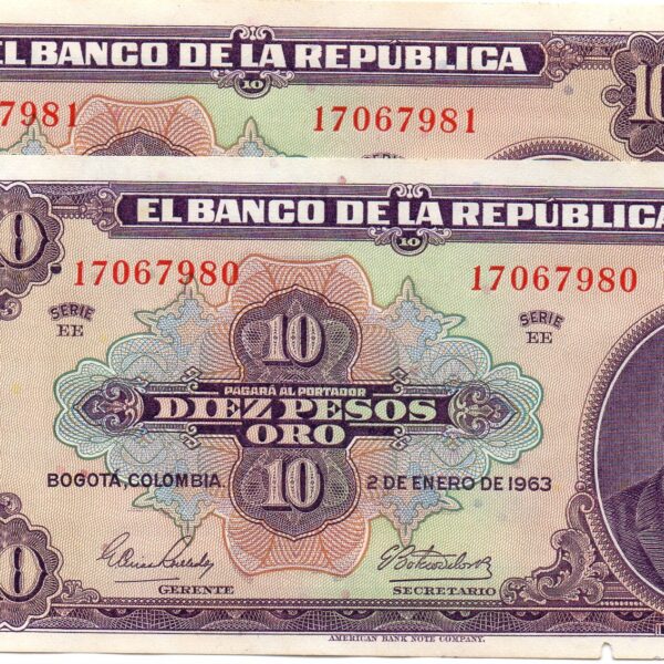 Pareja Consecutiva 10 Pesos Oro Banco de la República 1963
