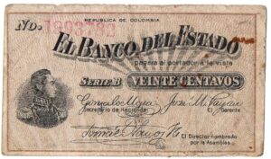 Inicio 8 Billete 20 Centavos Banco del Estado Colombia 1900