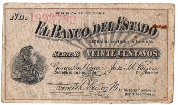 Billete 20 Centavos Banco del Estado Colombia 1900