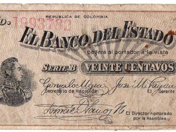 Billete 20 Centavos Banco del Estado Colombia 1900