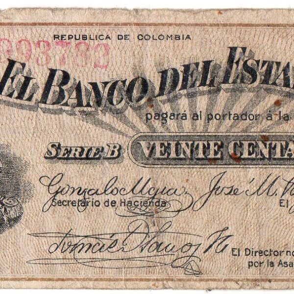 Billete 20 Centavos Banco del Estado Colombia 1900