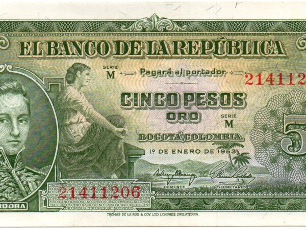 Billete de 5 Pesos Oro Colombia 1953 – José María Córdova Primera Fecha