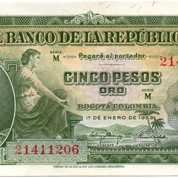 Billete de 5 Pesos Oro Colombia 1953 – José María Córdova Primera Fecha