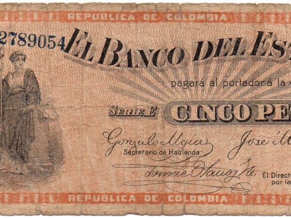Billete 5 pesos anverso Billete 5 Pesos Banco del Estado 1 Octubre 1900