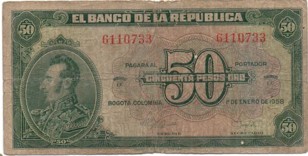 Billete 50 pesos 58 anverso Billete de 50 Pesos Oro Colombia – Antonio José de Sucre 1958