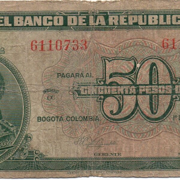 Billete 50 pesos 58 anverso Billete de 50 Pesos Oro Colombia – Antonio José de Sucre 1958