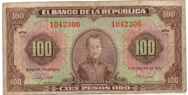 Billete de 100 Pesos Oro Colombia – Francisco de Paula Santander-1951