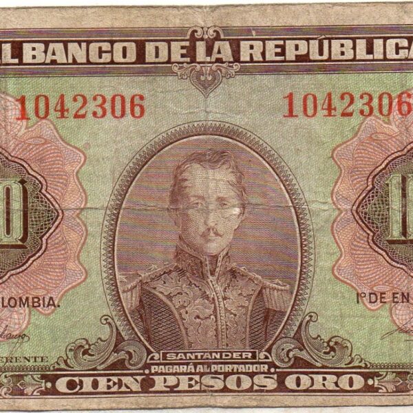 Billete de 100 Pesos Oro Colombia – Francisco de Paula Santander-1951