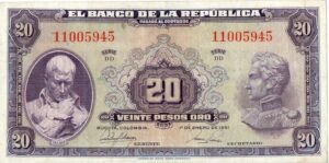 Billete de 20 Pesos Oro Colombia – Caldas y Bolívar 1951