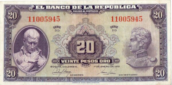 Billete de 20 Pesos Oro Colombia – Caldas y Bolívar 1951