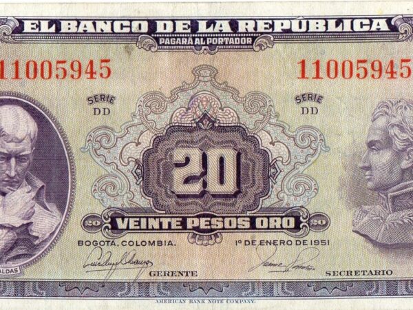Billete de 20 Pesos Oro Colombia – Caldas y Bolívar 1951