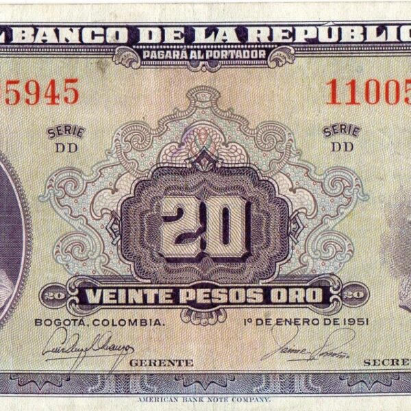 Billete de 20 Pesos Oro Colombia – Caldas y Bolívar 1951