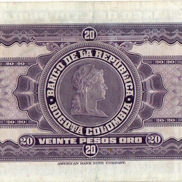 Billete de 20 Pesos Oro Colombia – Caldas y Bolívar 1951