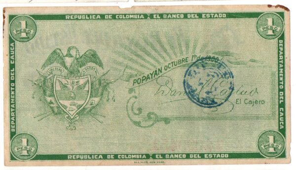 Billete 1 Peso Banco del Estado de Popayán 1900