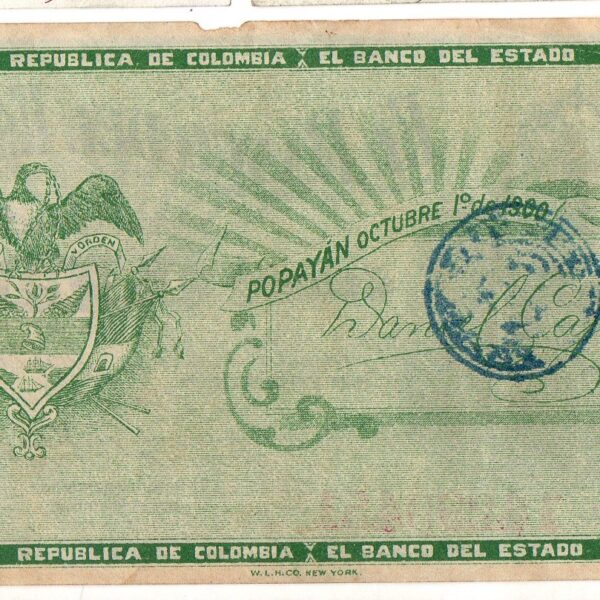 Billete 1 Peso Banco del Estado de Popayán 1900