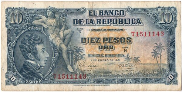 Billete 10 Pesos Oro Banco de la República 1961