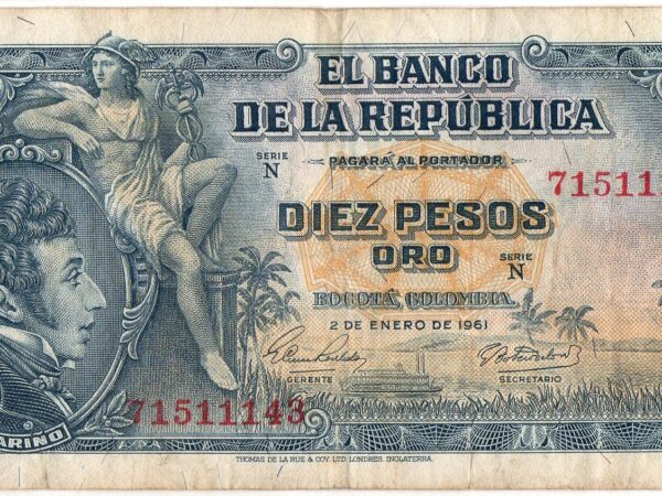 Billete 10 Pesos Oro Banco de la República 1961