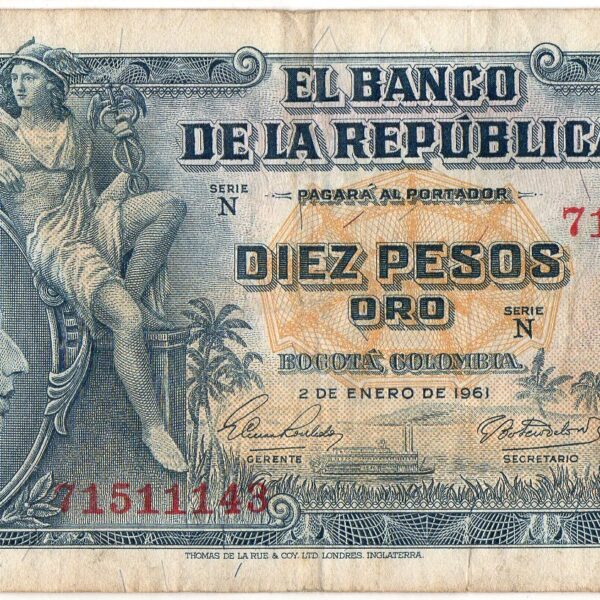 Billete 10 Pesos Oro Banco de la República 1961
