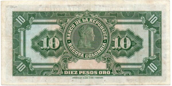 billete 10 pesos reverso Billete 10 Pesos Oro Banco de la República 1949