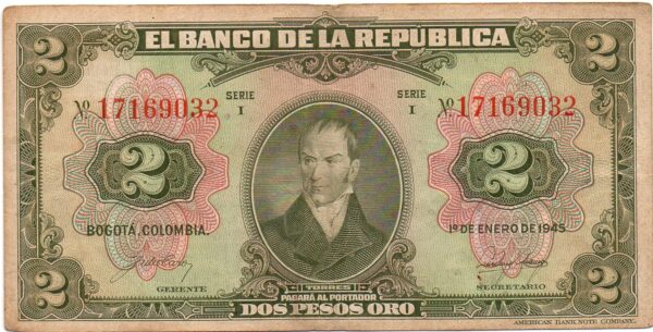 Billete 2 Pesos Oro Banco de la República 1945