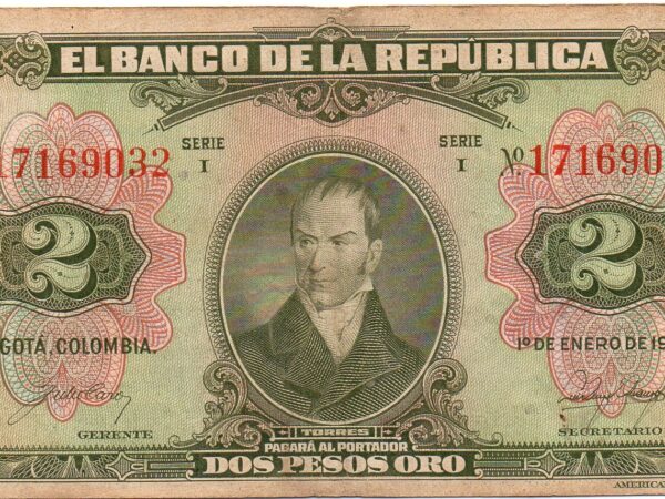 billete 2 pesos 1945 anvers Billete 2 Pesos Oro Banco de la República 1945