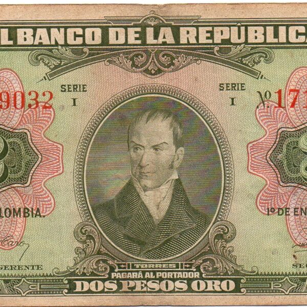 Billete 2 Pesos Oro Banco de la República 1945