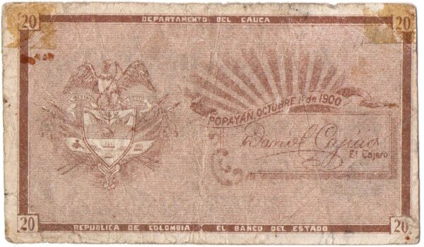Billete 20 Centavos Banco del Estado Colombia 1900
