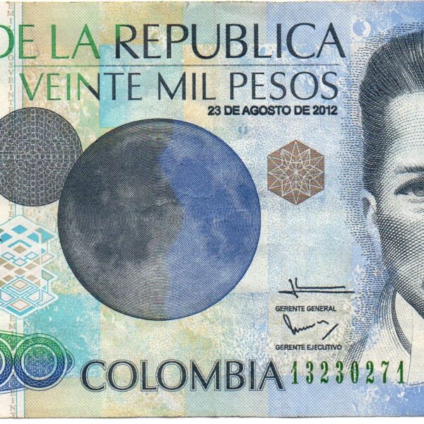 Billete de 20.000 Pesos Colombia – Julio Garavito Armero | Logo Mariana de la Libertad-2012