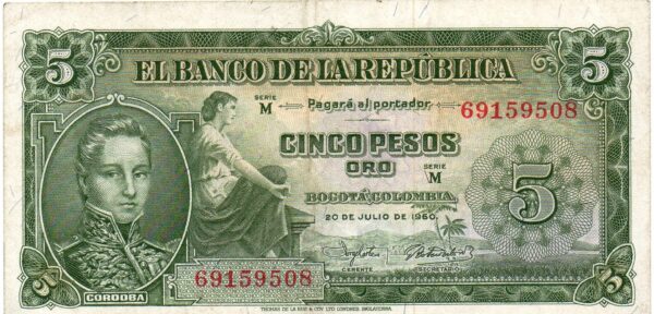 Billete de 5 Pesos Oro Colombia 1960 – José María Córdova