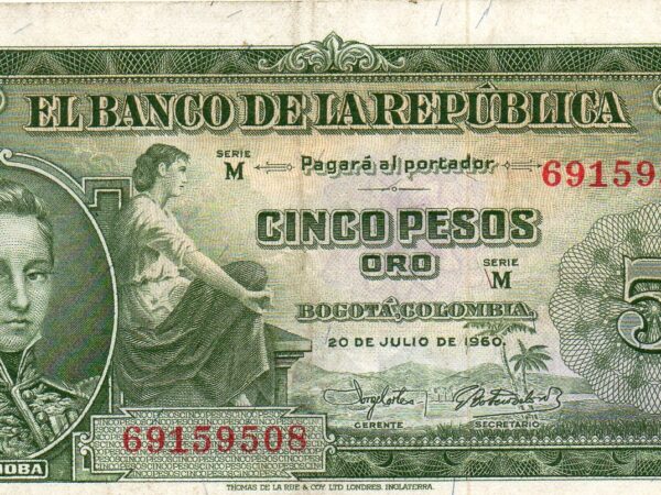 Billete de 5 Pesos Oro Colombia 1960 – José María Córdova
