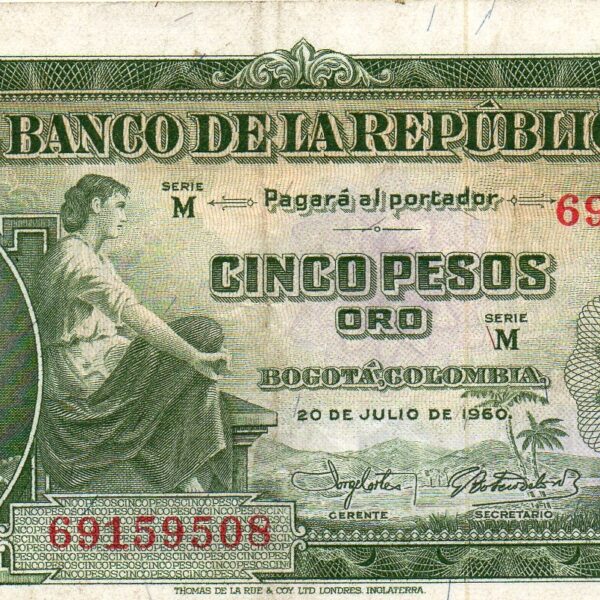 Billete de 5 Pesos Oro Colombia 1960 – José María Córdova
