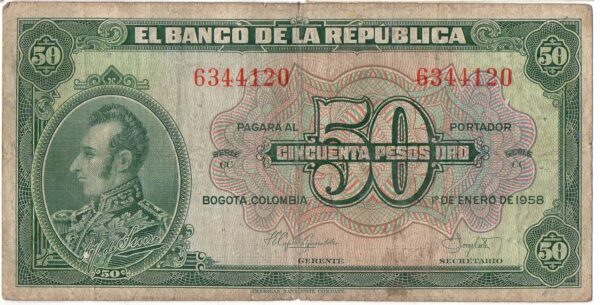 Billete 50 Pesos Oro Banco de la República 1958