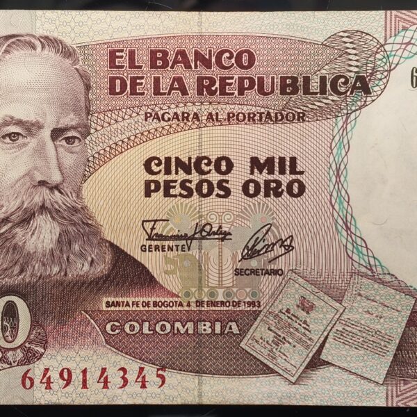 Billete de 5.000 Pesos Colombia – Rafael Núñez | 1993 Sello