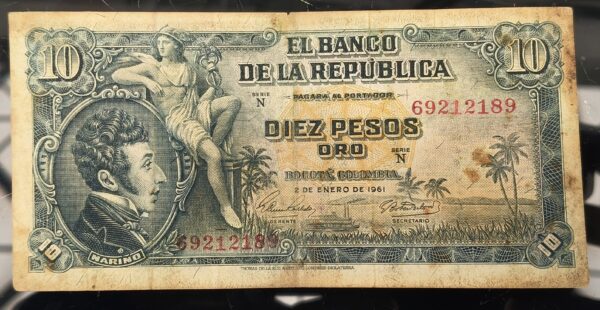 Oplus_16908288 Billete 10 Pesos Oro Banco de la República 1961 Manchas