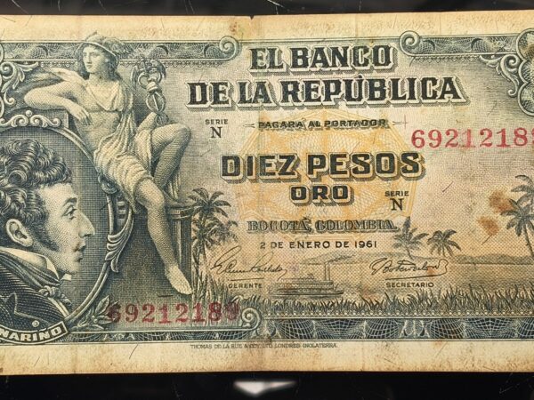 Billete 10 Pesos Oro Banco de la República 1961 Manchas